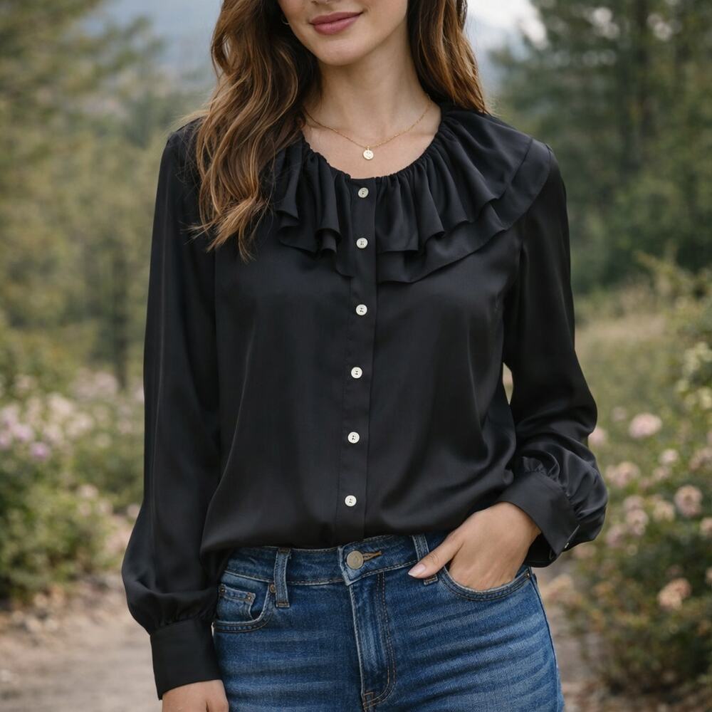 J.Crew Collection SZ XS Black Silk Twill Ruffle-Collar Top NWT